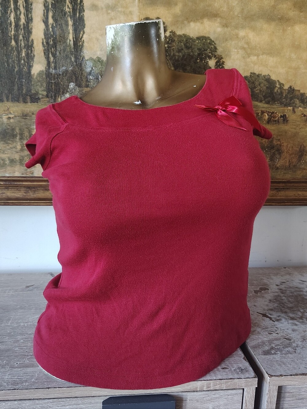 Vintage Y2K Red Cotton Top w/ Bow Detail USA Made XL Extra Large Juniors Womens